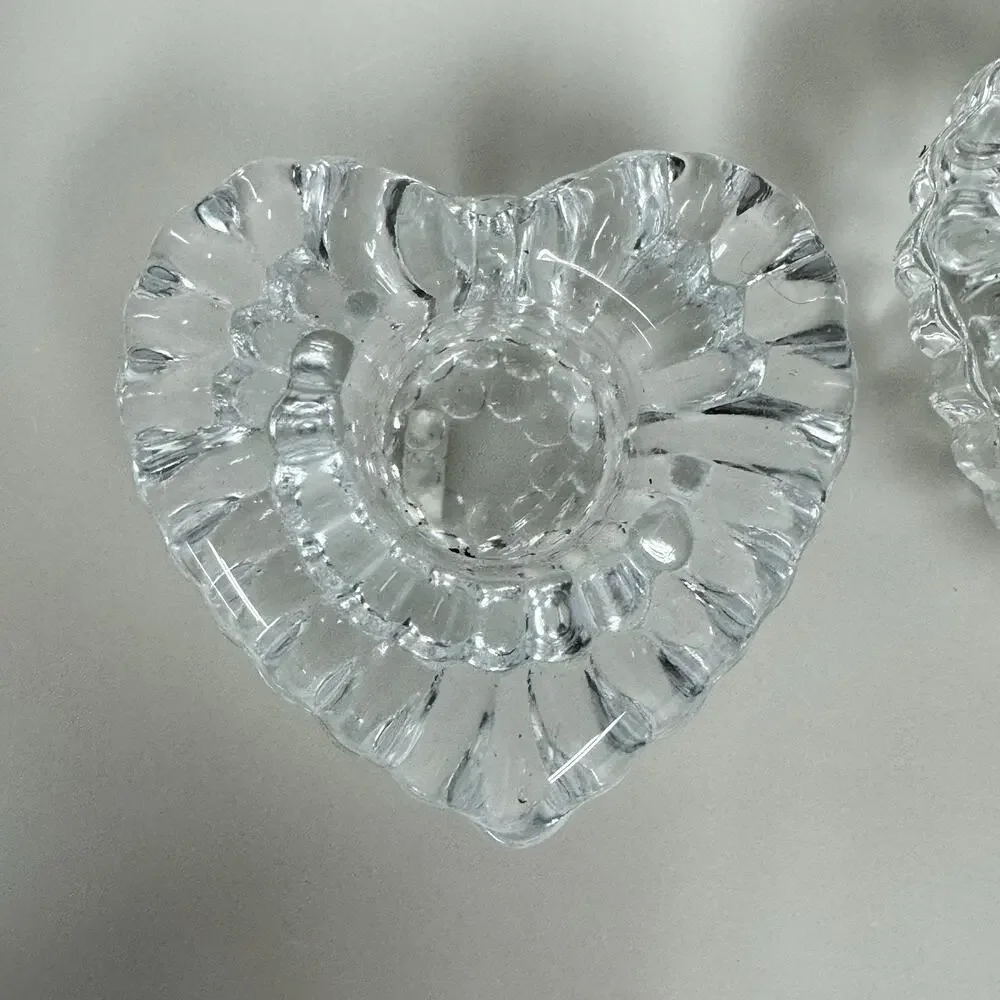 Pair of Heart Shaped Clear Glass Fluted Candle Stick Holders Vintage
